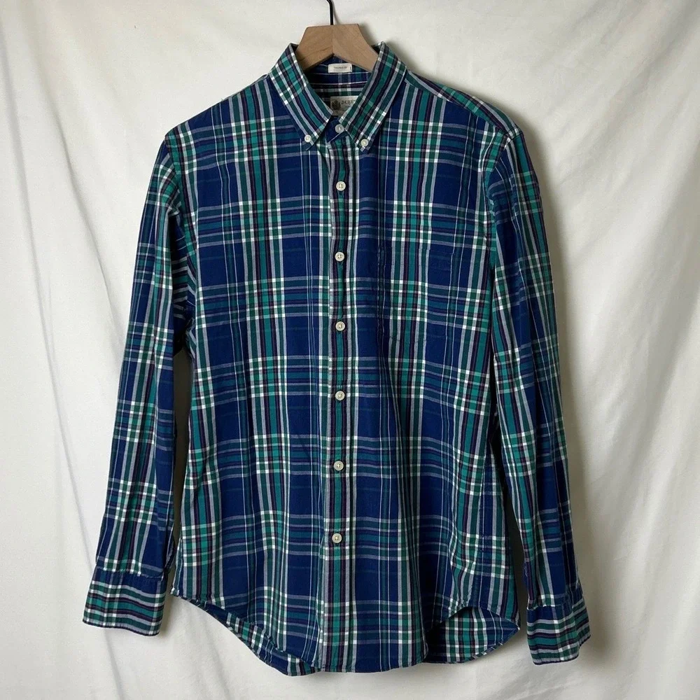 J.Crew Mens Button Down Flannel Shirt Blue Green Plaid Size M Tailored Cotton